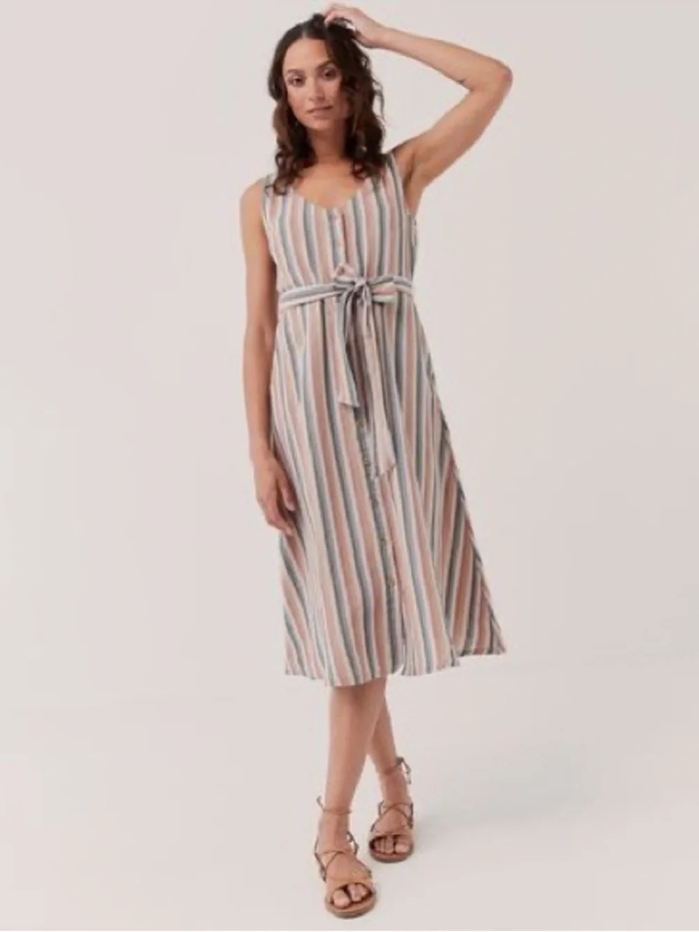 NWT Pact Stucco Vertical Stripe Harbour Midi Dress Sz M Cotton Linen Blend - Picture 1 of 12